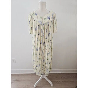 Go Softly Patio Yellow Blue Floral Flowers Front Zip Rayon Mumu House Dress S